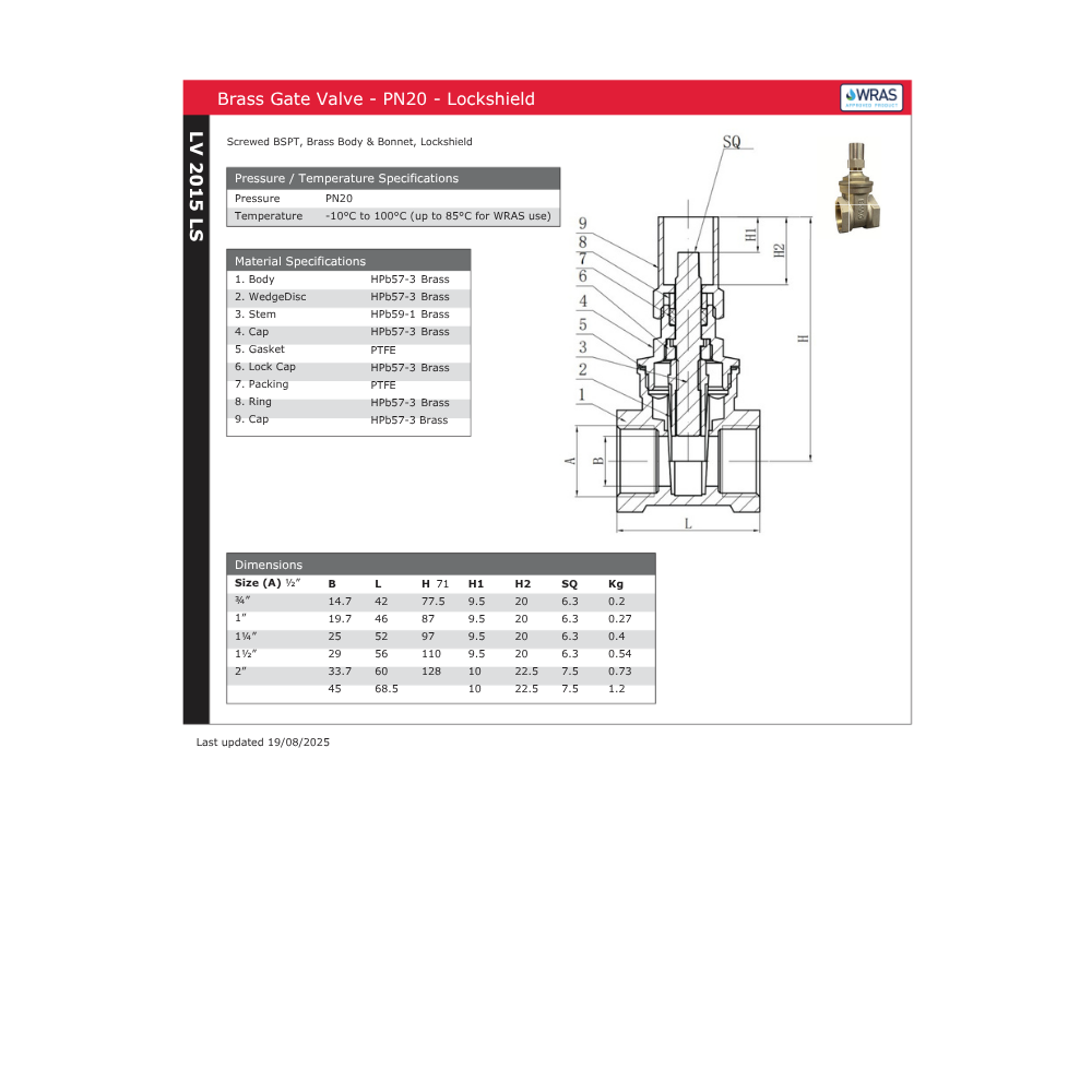 1 1/2" Brass Lockshield Gate Valve – PN20 – WRAS Approved VS2015LS