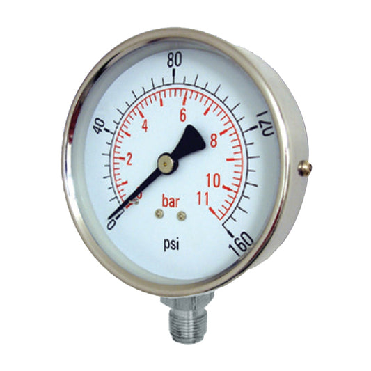 0 to 1 Bar Stainless Steel Pressure Gauge 100mm Dial 3/8" Bottom Entry. PDGS1-100