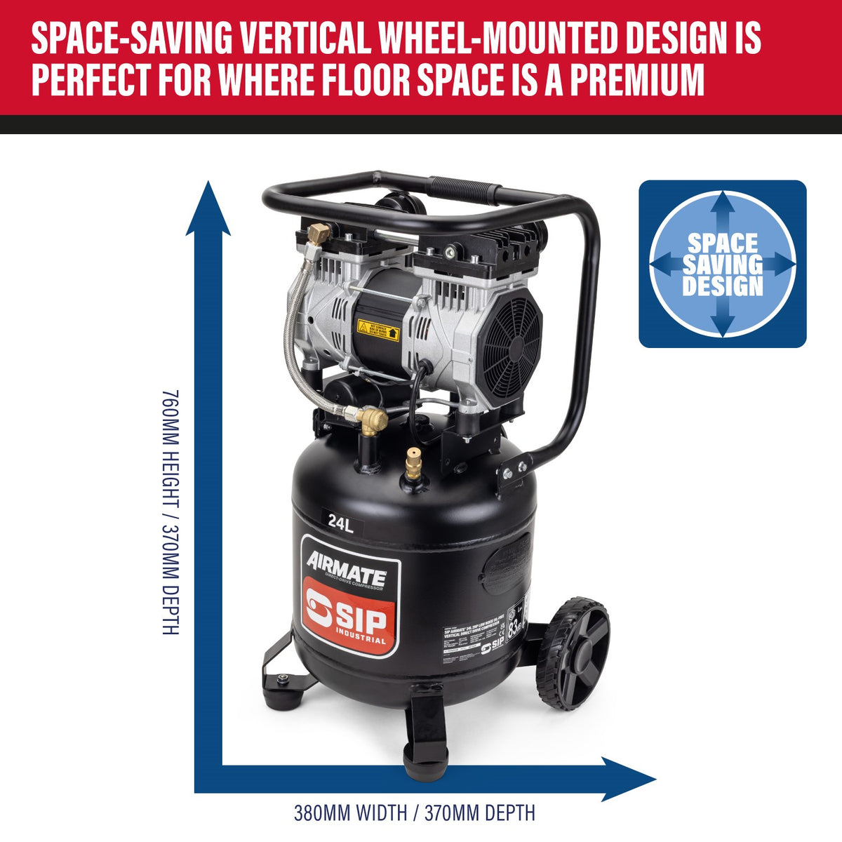 SIP AIRMATE® 24L 2hp Low Noise Vertical Compressor - 05482