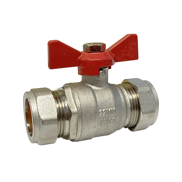 22mm Brass Ball Valve – Compression Ends – Red Butterfly Handle – A-Range. VS2336A