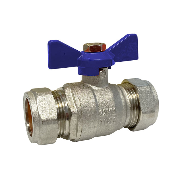 22mm Brass Ball Valve – Compression Ends – Blue Butterfly Handle – A-Range.  VS2337A