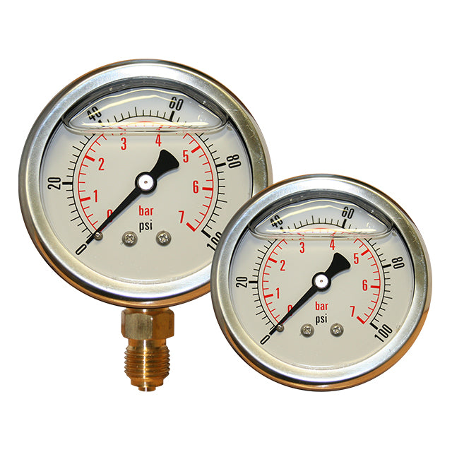 0 to 1 Bar Pressure Gauge 63mm Dial 1/4" Bottom Entry Glycerine Filled. PGG1-63-0.25