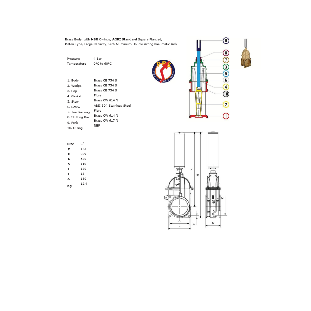 6" Brass Vacuum Tanker Gate Valve with Pneumatic Jack - RIV33