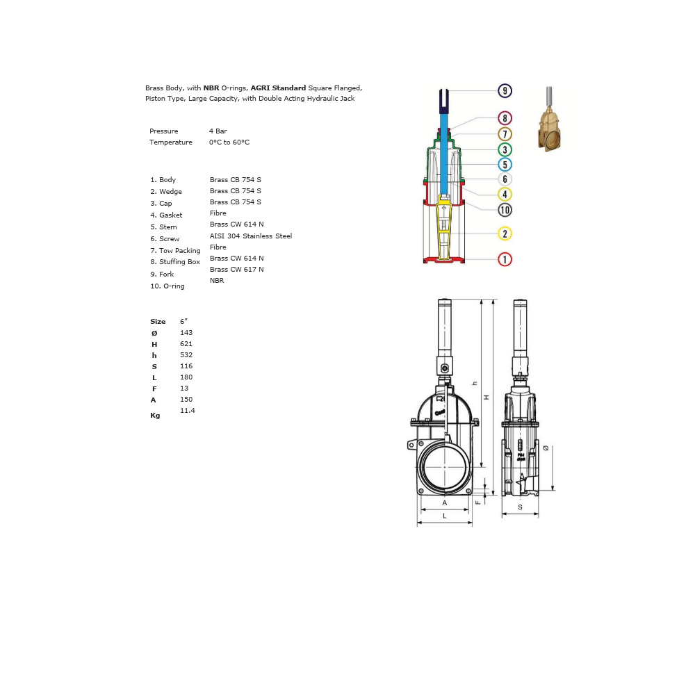 6" Brass Vacuum Tanker Gate Valve with Hydraulic Jack - RIV34