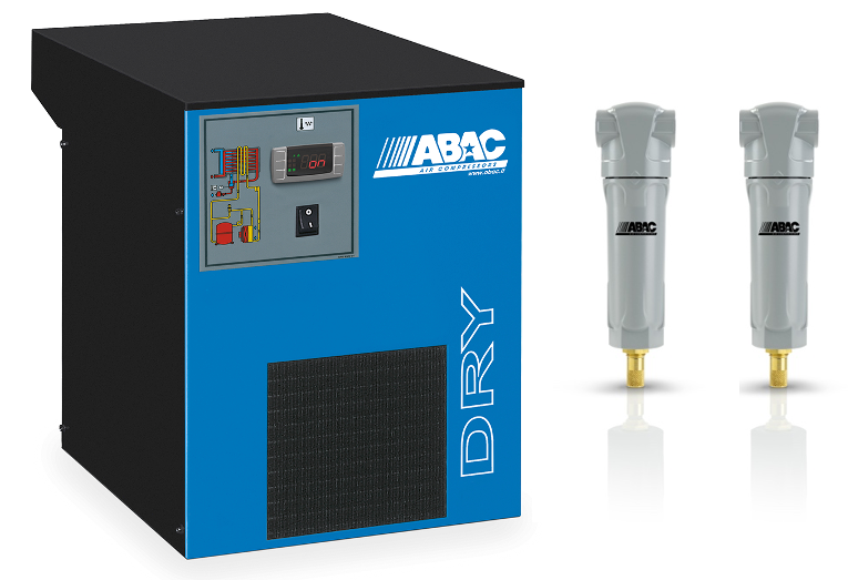 ABAC DRY industrial air compressor unit in blue and black, shown alongside two gray pneumatic cylinders on a white background.