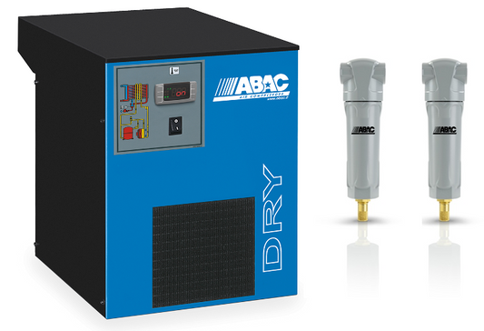ABAC DRY industrial air compressor unit in blue and black, shown alongside two gray pneumatic cylinders on a white background.