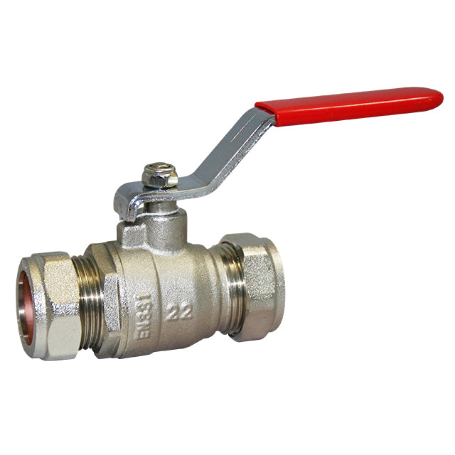 54mm Brass Ball Valve Compression Ends Red Lever. VS2330