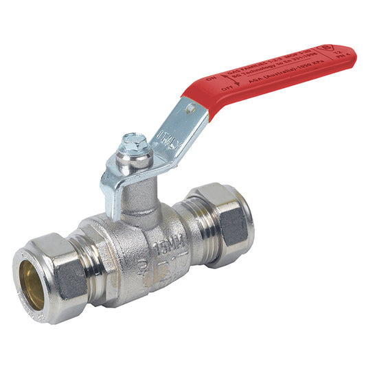 15mm RIV Brass Ball Valve Compression Ends  Red Lever.  VS2440