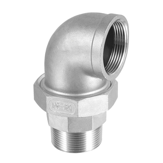 1 1/2" Stainless Steel Flat Union Elbow PTFE Seat Male x Female. SS097