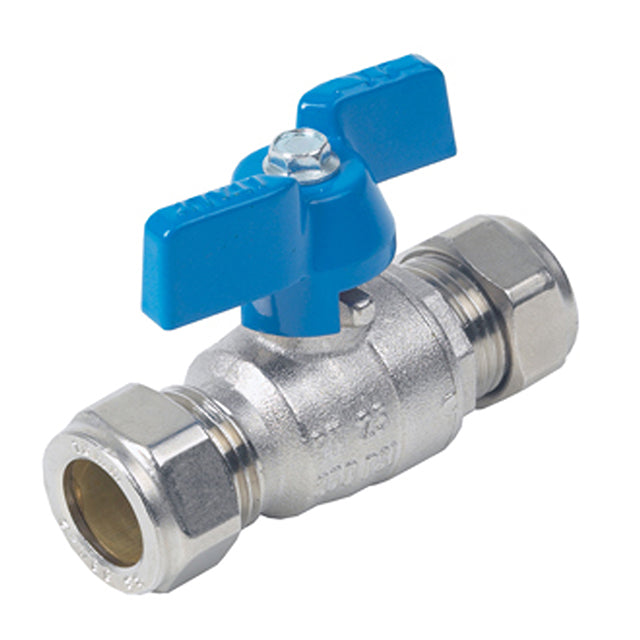 15mm RIV Brass Ball Valve Compression Ends Blue Butterfly Handle. VS2447