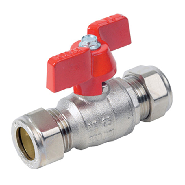 22mm RIV Brass Ball Valve Compression Ends Red Butterfly Handle. VS2446